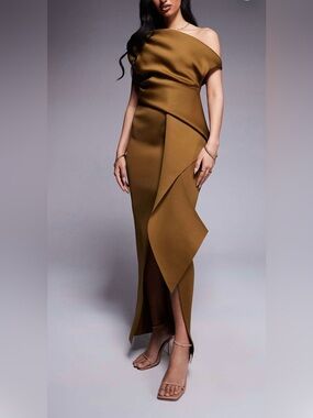 Asymmetric Olive One-Shoulder Dress (New/Never Worn Size 8)